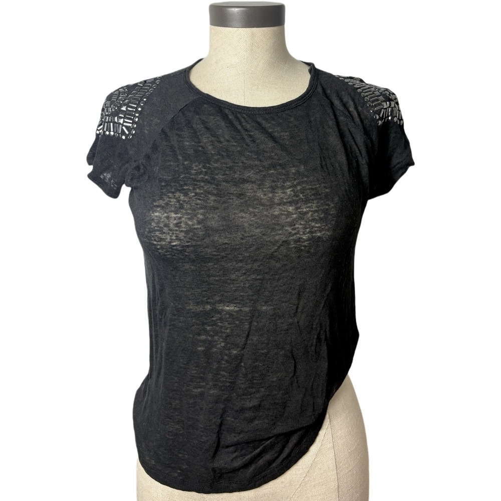 Forever 21 Sheer Black Studded Shoulder Short Sleeve Top Women's Small 2016
